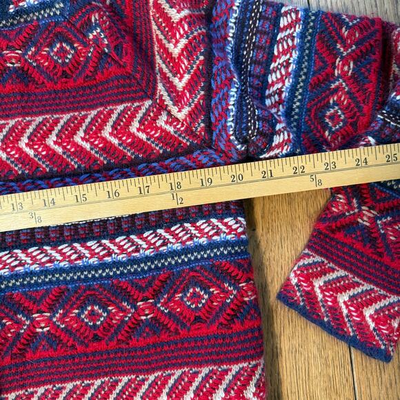 St Johns Bay Fair Isle Long Line Cardigan SZ M Red Blue Tan Cozy Warm Winter - Picture 9 of 11